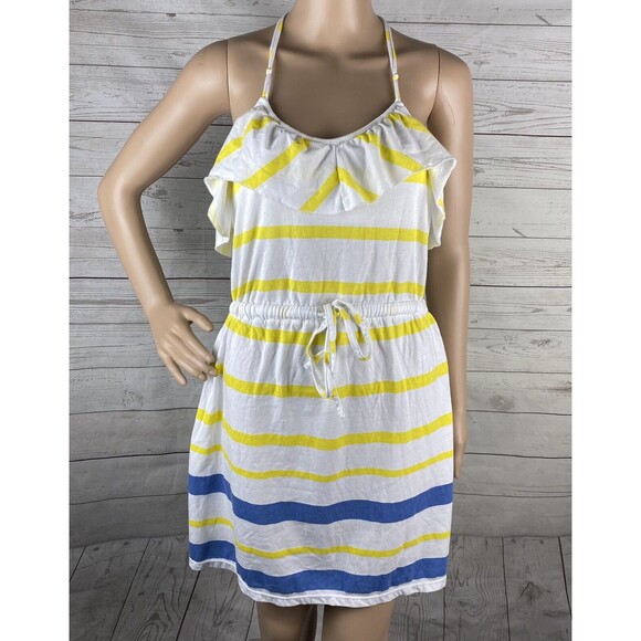 Aéropostale Sundress Juniors Medium Yellow White Blue Striped Ruffled Racerback - Picture 1 of 12